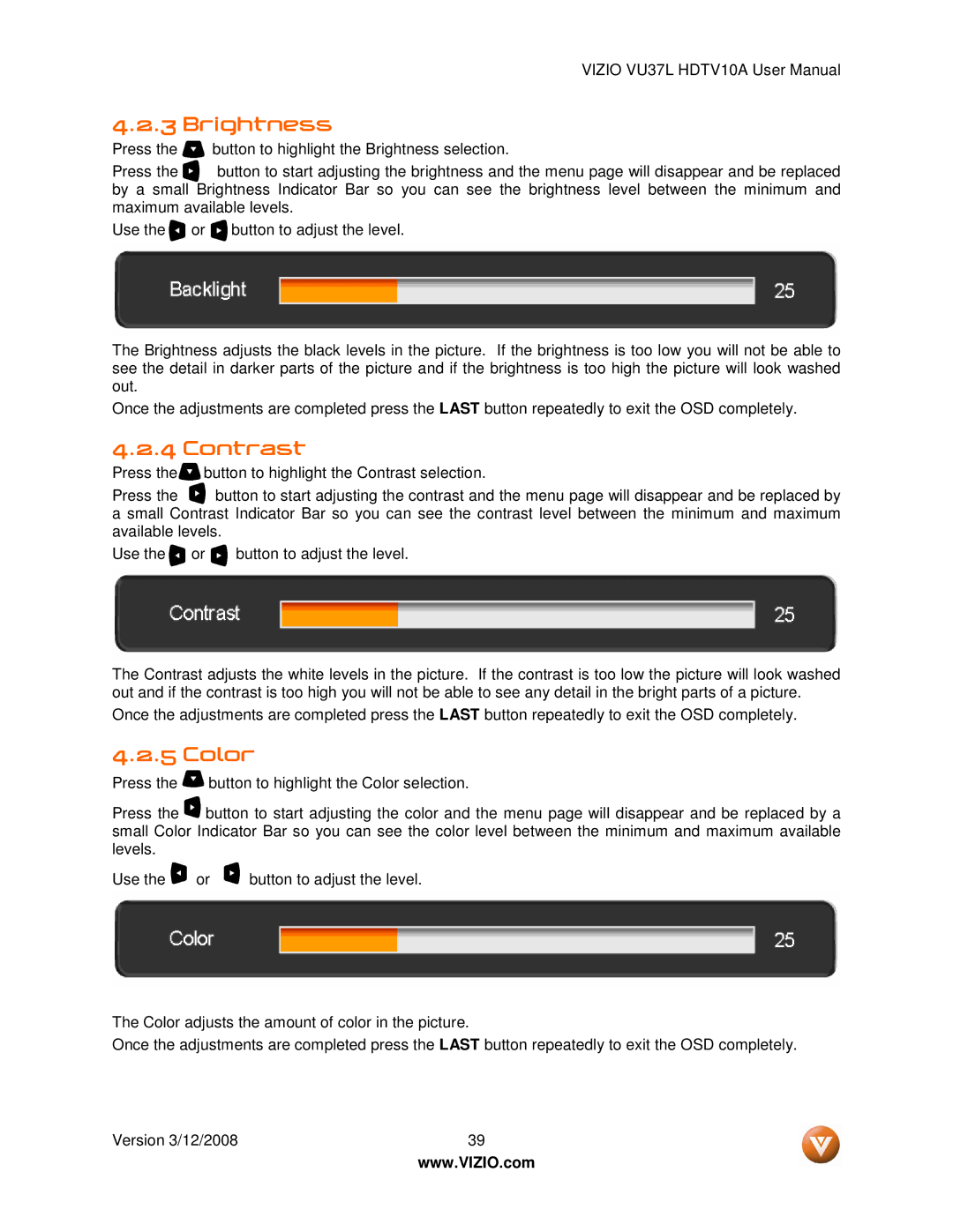 Vizio VU37L manual Brightness, Contrast, Color 