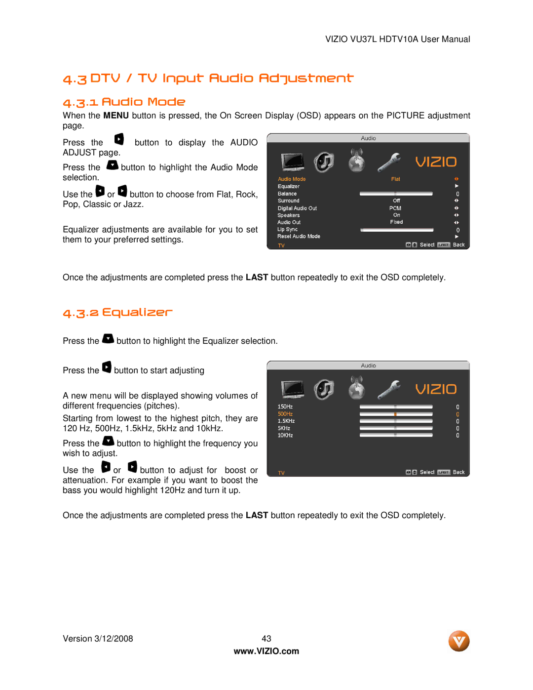 Vizio VU37L manual DTV / TV Input Audio Adjustment, Audio Mode, Equalizer 