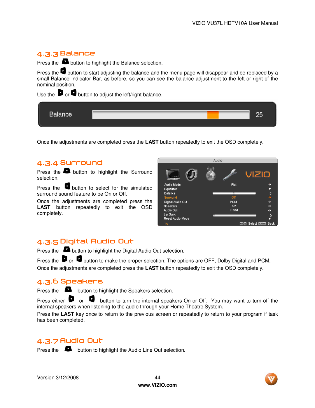 Vizio VU37L manual Balance, Surround, Digital Audio Out, Speakers 