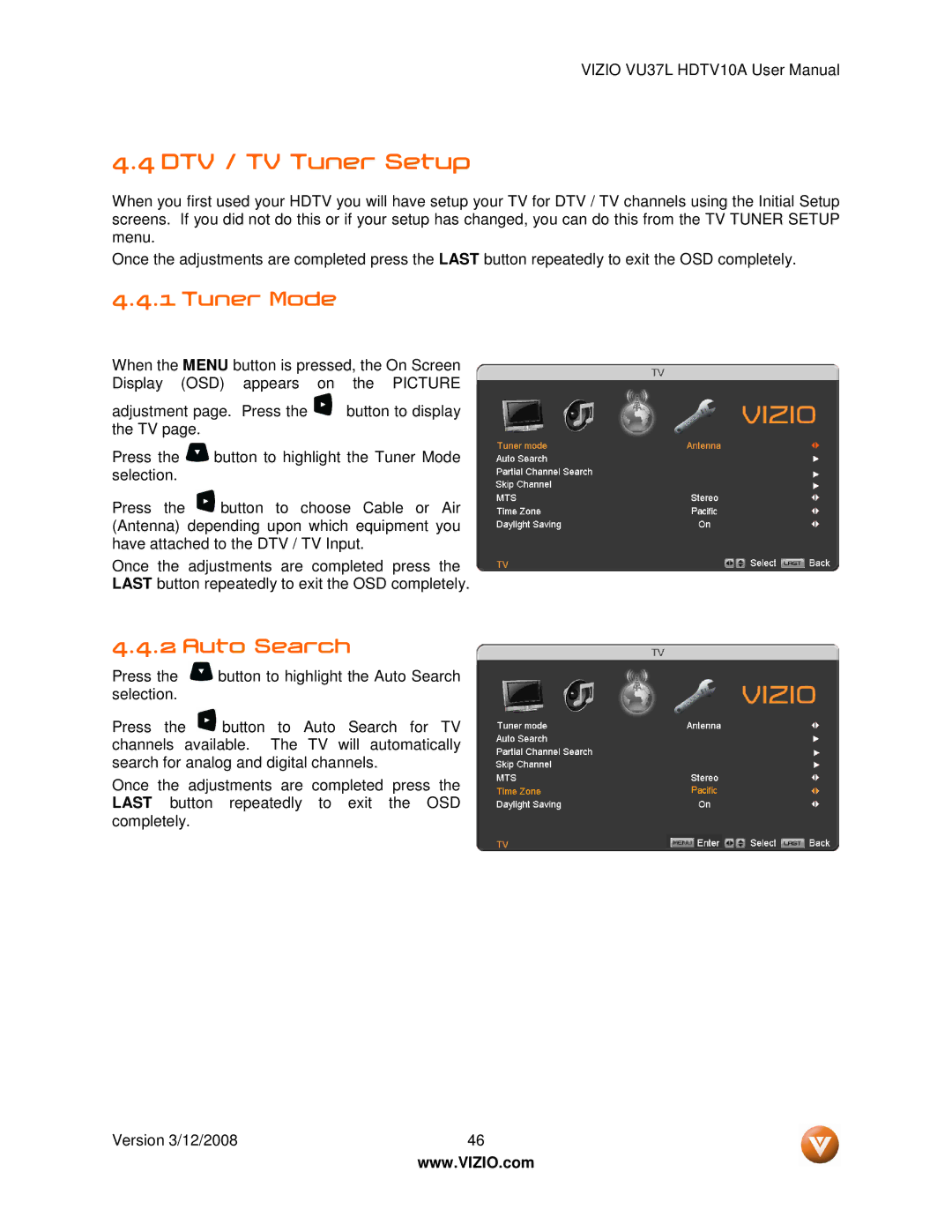 Vizio VU37L manual DTV / TV Tuner Setup, Tuner Mode, Auto Search 