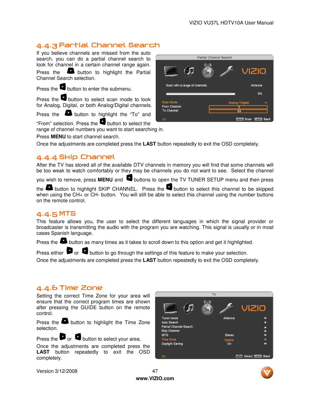 Vizio VU37L manual Partial Channel Search, Skip Channel, 5 MTS, Time Zone 