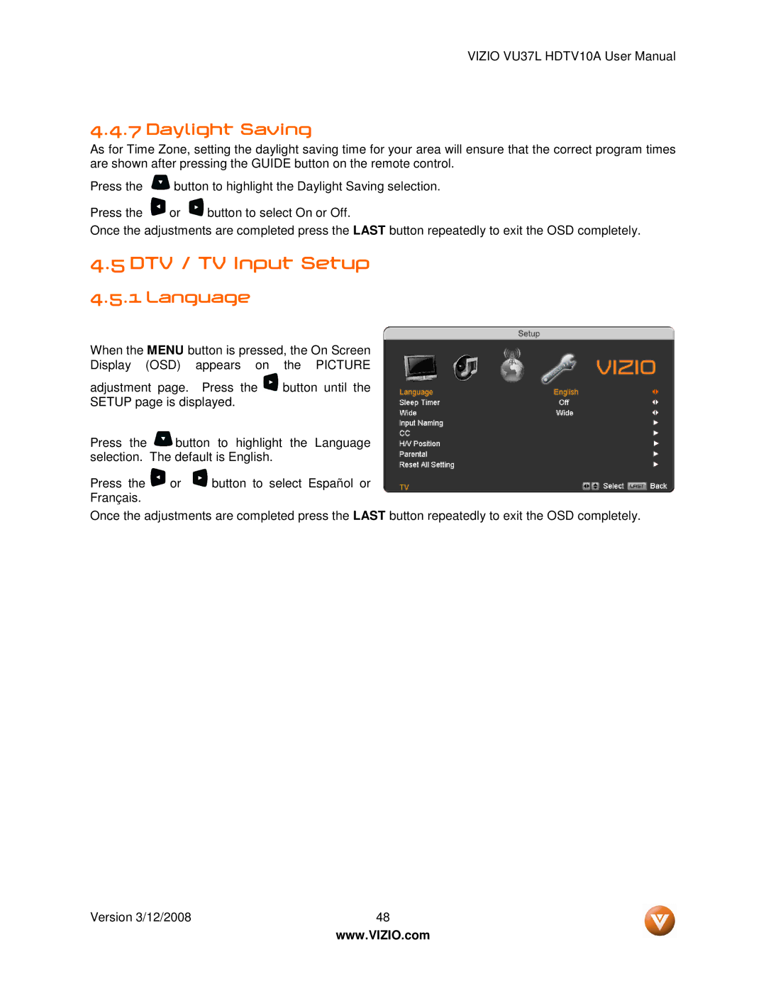 Vizio VU37L manual DTV / TV Input Setup, Daylight Saving, Language 