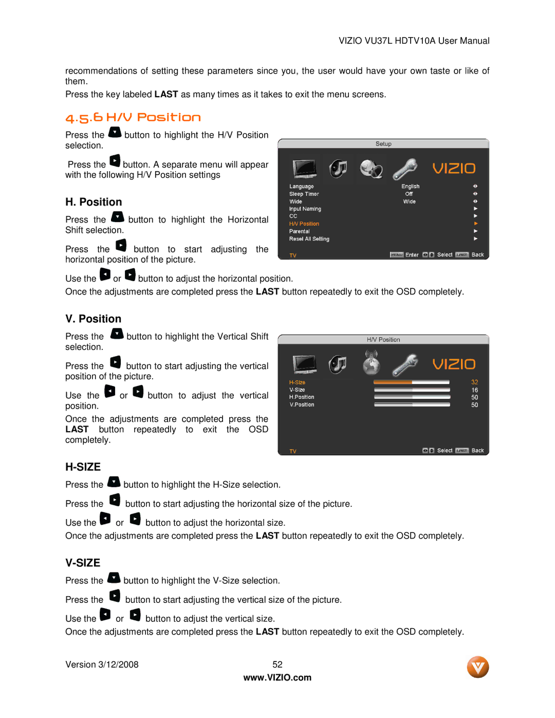 Vizio VU37L manual 6 H/V Position 