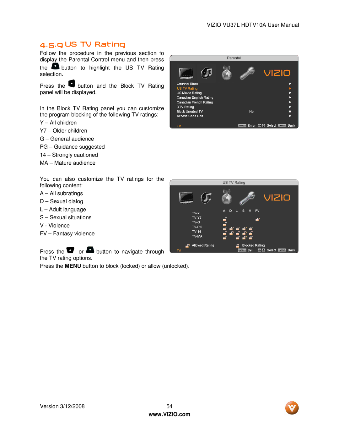 Vizio VU37L manual US TV Rating 