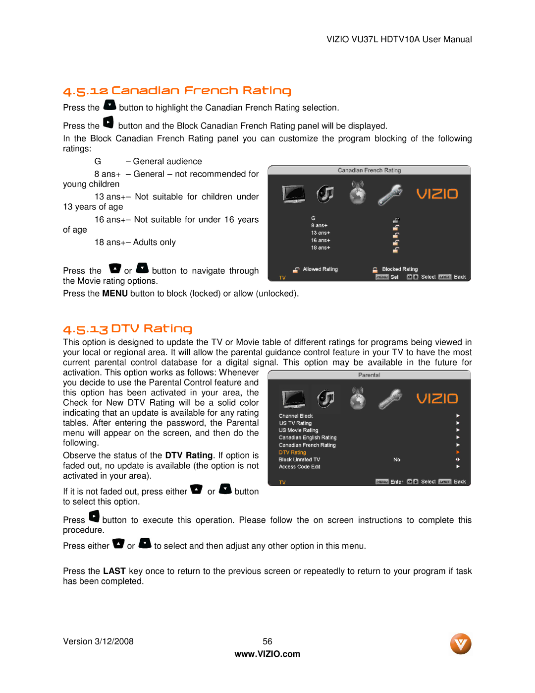 Vizio VU37L manual Canadian French Rating, DTV Rating 