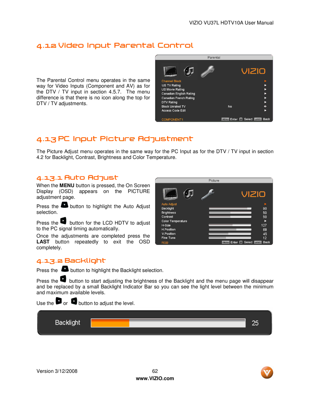 Vizio VU37L manual Video Input Parental Control, PC Input Picture Adjustment, Auto Adjust 