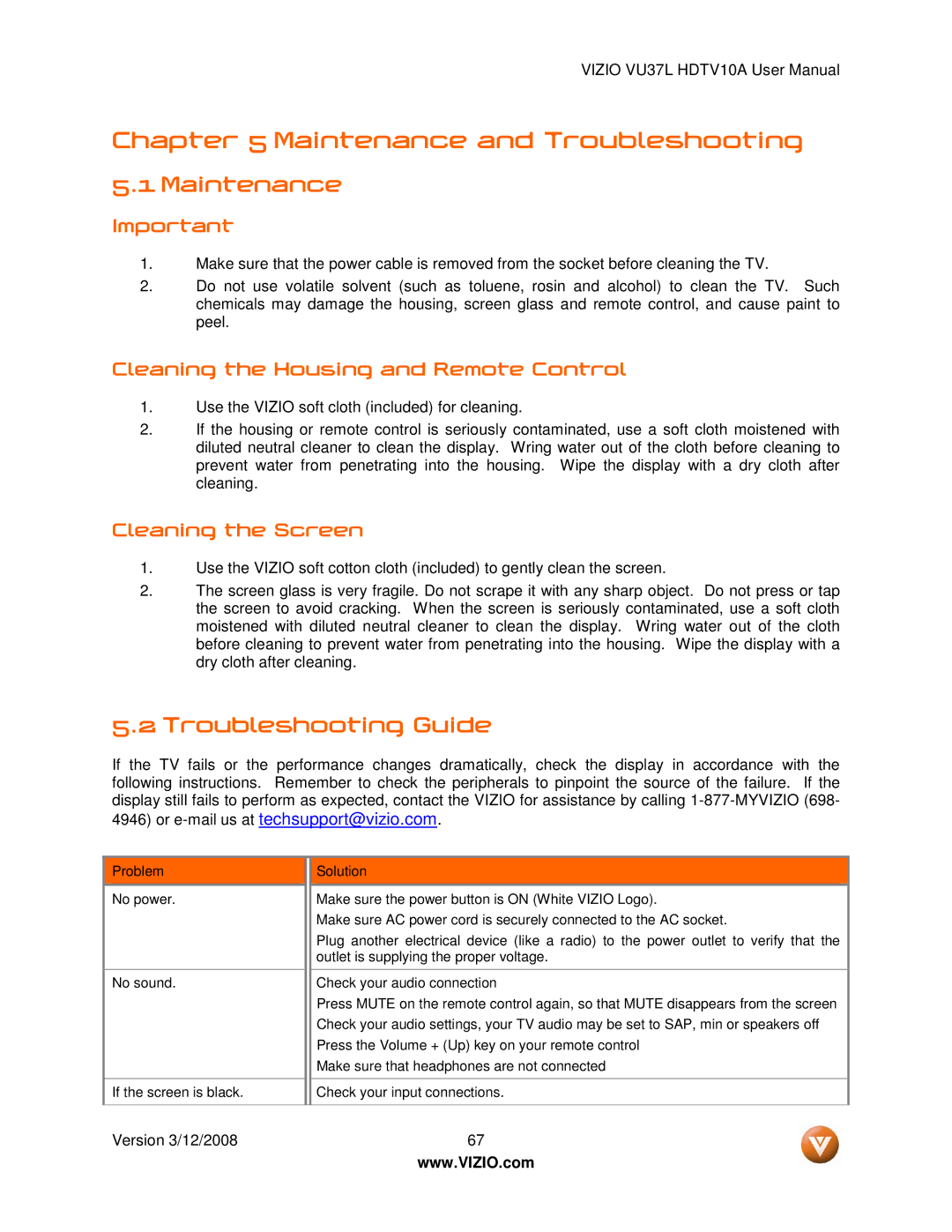 Vizio VU37L manual Maintenance, Troubleshooting Guide, Cleaning the Housing and Remote Control, Cleaning the Screen 