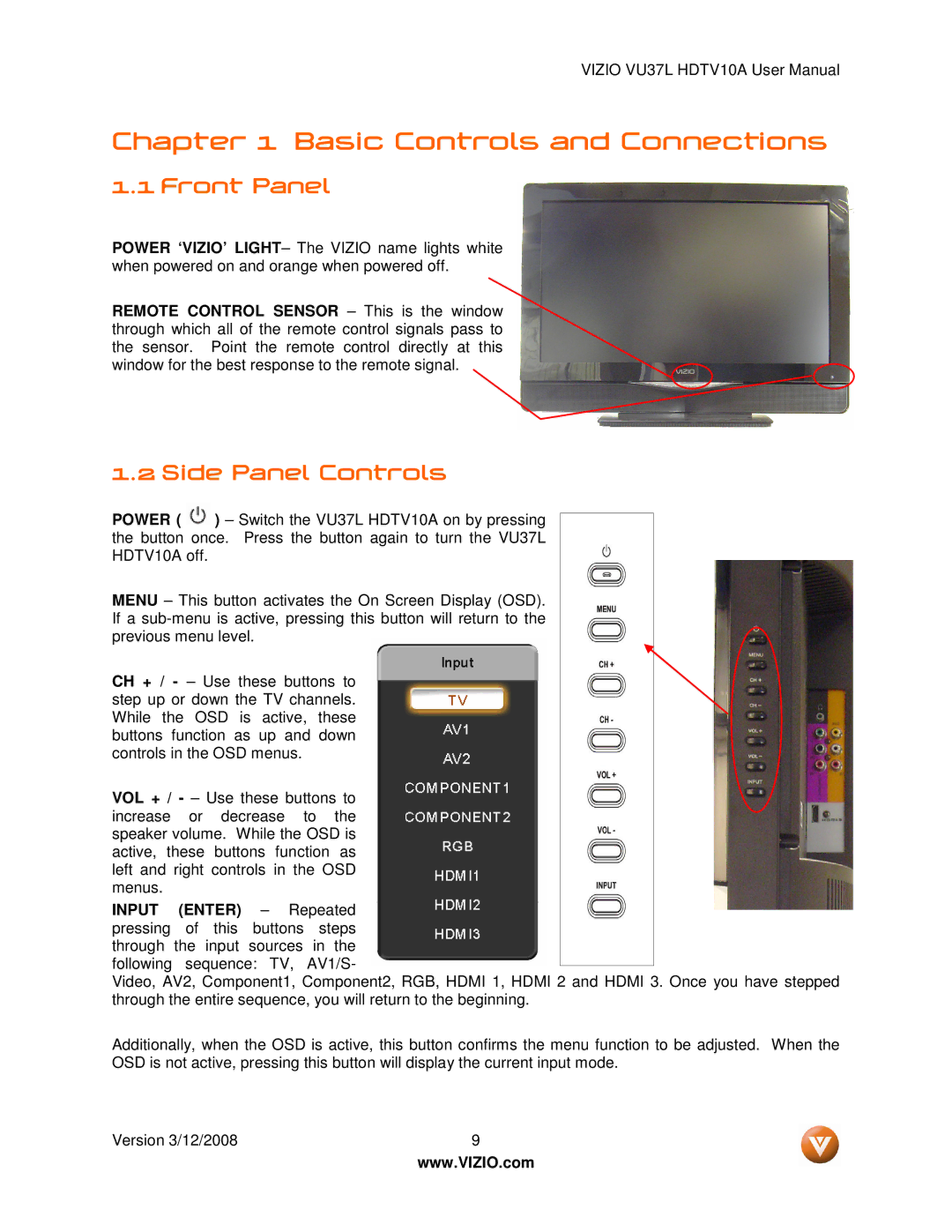 Vizio VU37L manual Front Panel, Side Panel Controls 