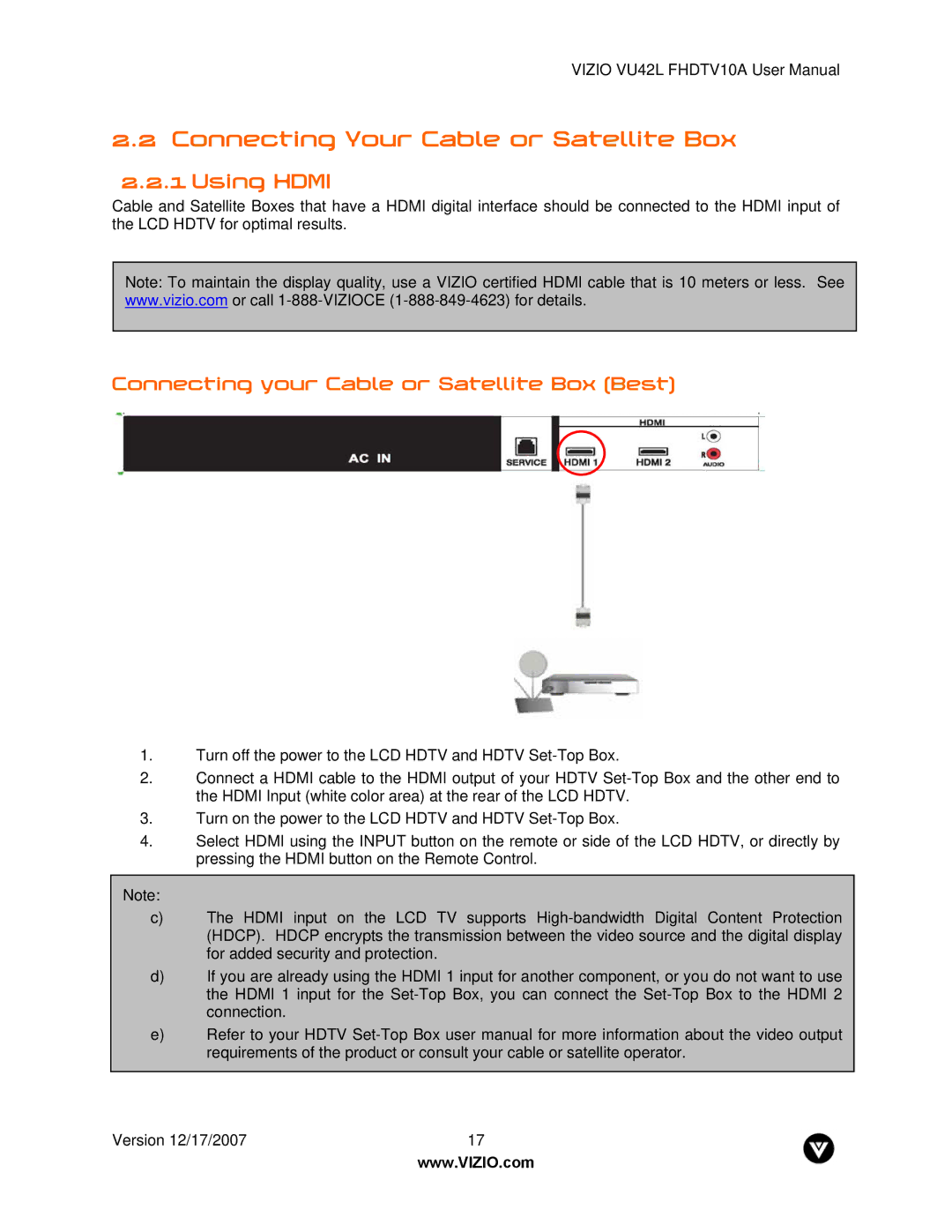 Vizio VU42L FHDTV10A manual Connecting Your Cable or Satellite Box, Using Hdmi, Connecting your Cable or Satellite Box Best 