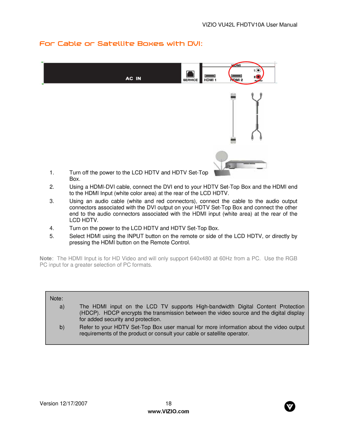 Vizio VU42L FHDTV10A manual For Cable or Satellite Boxes with DVI, LCD Hdtv 