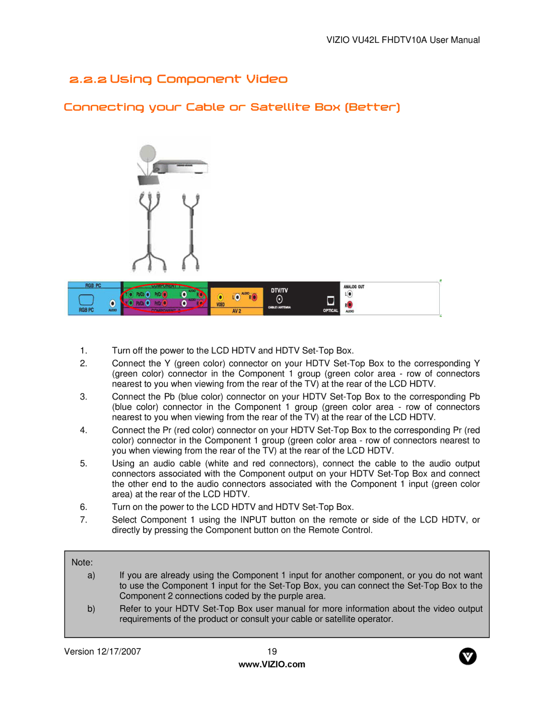 Vizio VU42L FHDTV10A manual Using Component Video, Connecting your Cable or Satellite Box Better 