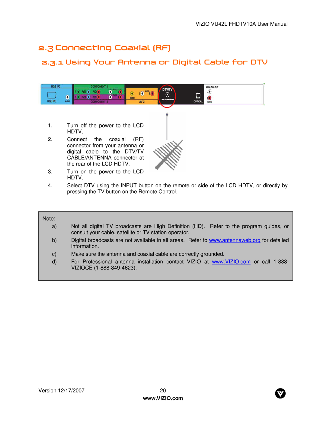 Vizio VU42L FHDTV10A manual Connecting Coaxial RF, Using Your Antenna or Digital Cable for DTV 