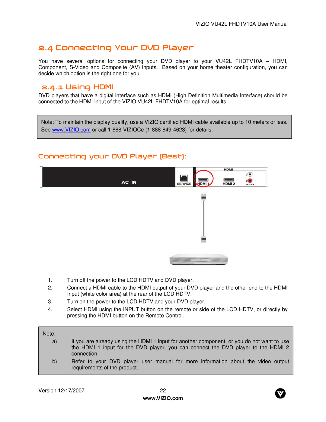 Vizio VU42L FHDTV10A manual Connecting Your DVD Player, Connecting your DVD Player Best 