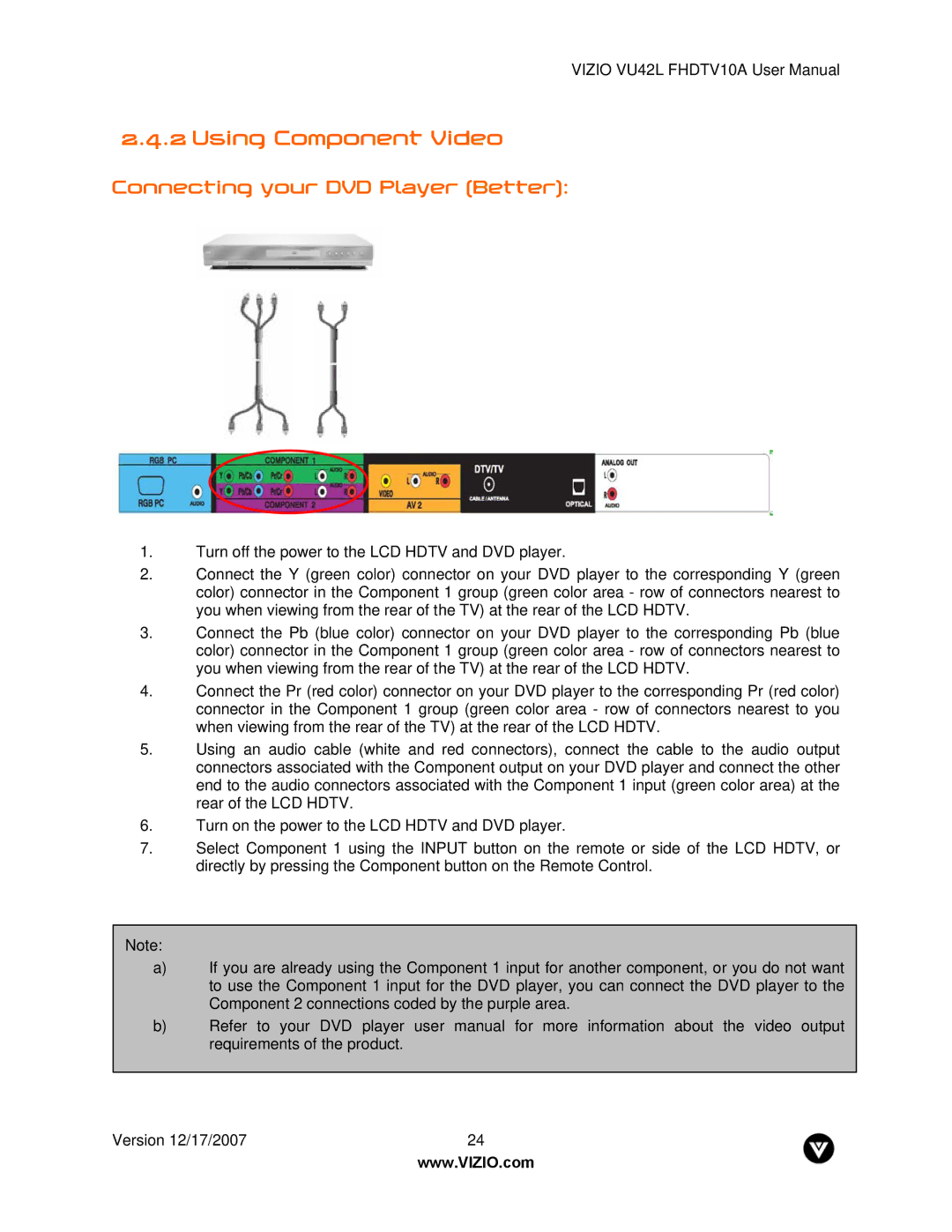 Vizio VU42L FHDTV10A manual Using Component Video, Connecting your DVD Player Better 