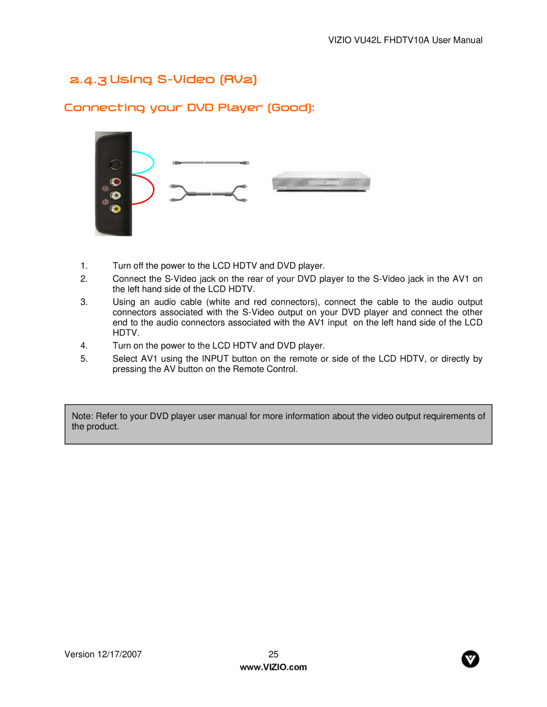 Vizio VU42L FHDTV10A manual Using S-Video AV2, Connecting your DVD Player Good 