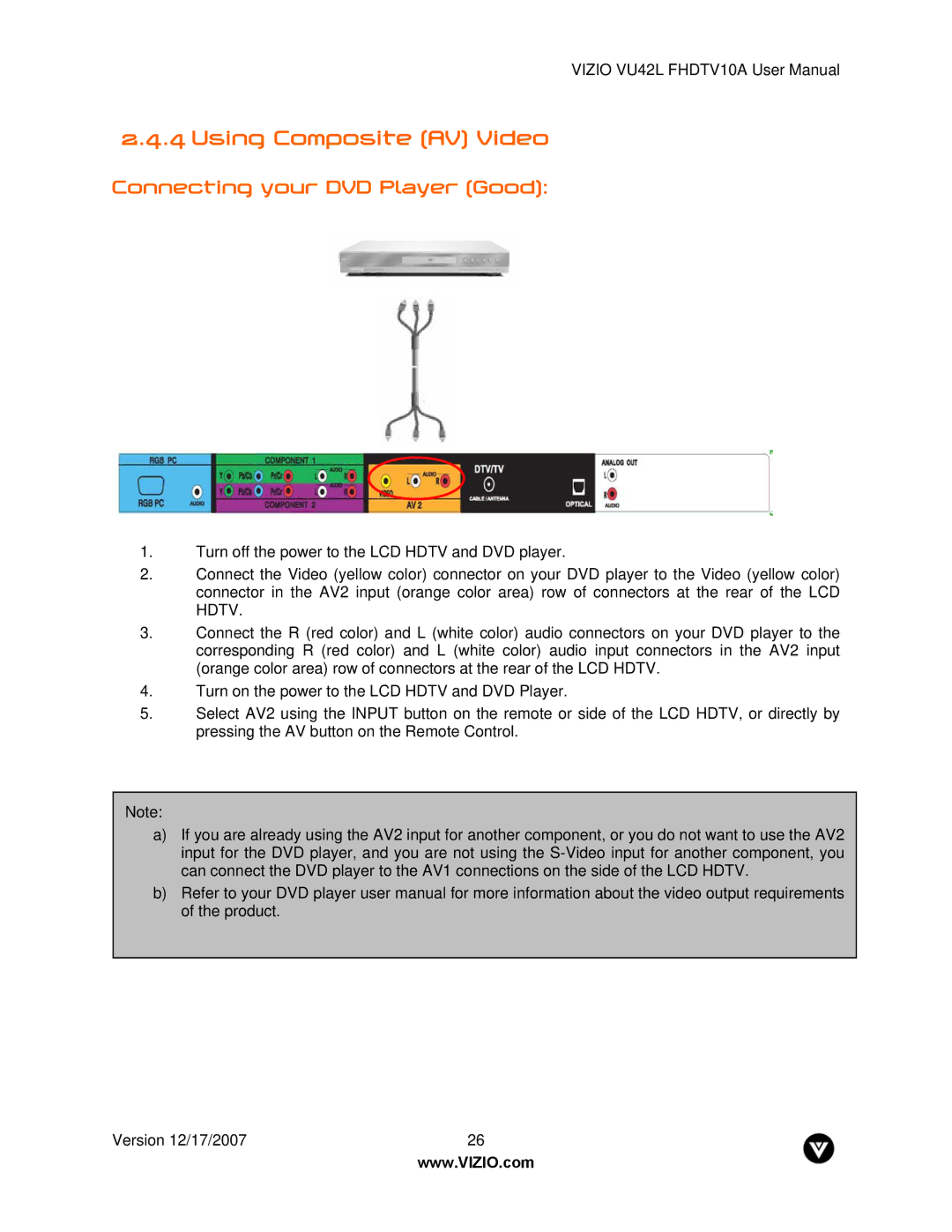 Vizio VU42L FHDTV10A manual Using Composite AV Video 