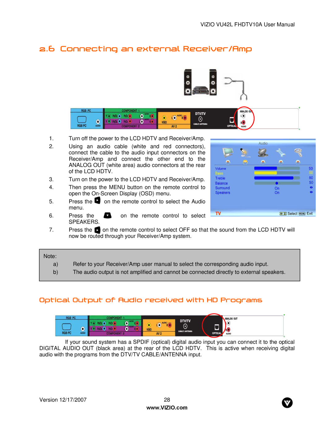 Vizio VU42L FHDTV10A manual Connecting an external Receiver/Amp, Optical Output of Audio received with HD Programs 