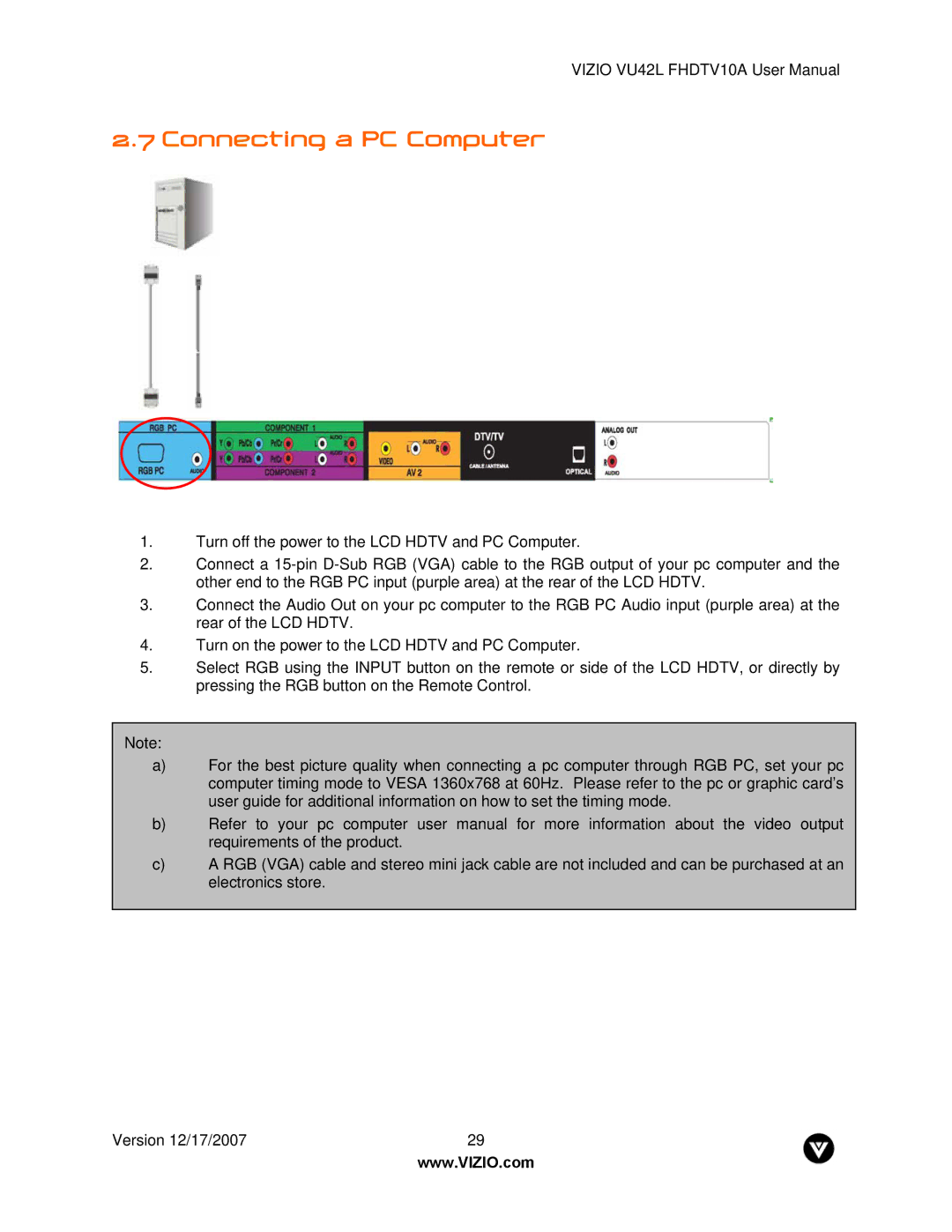 Vizio VU42L FHDTV10A manual Connecting a PC Computer 