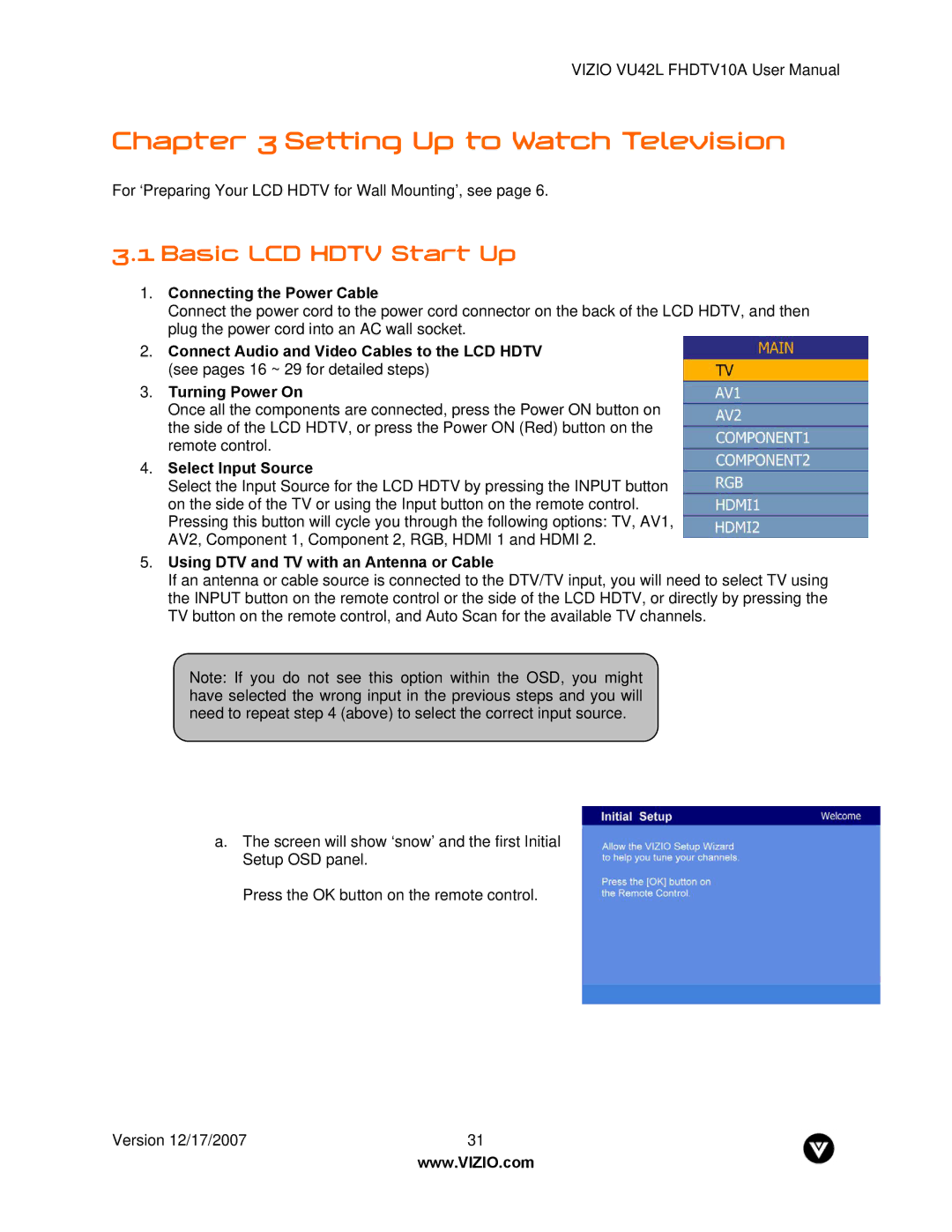 Vizio VU42L FHDTV10A manual Basic LCD Hdtv Start Up, Connecting the Power Cable, Select Input Source 