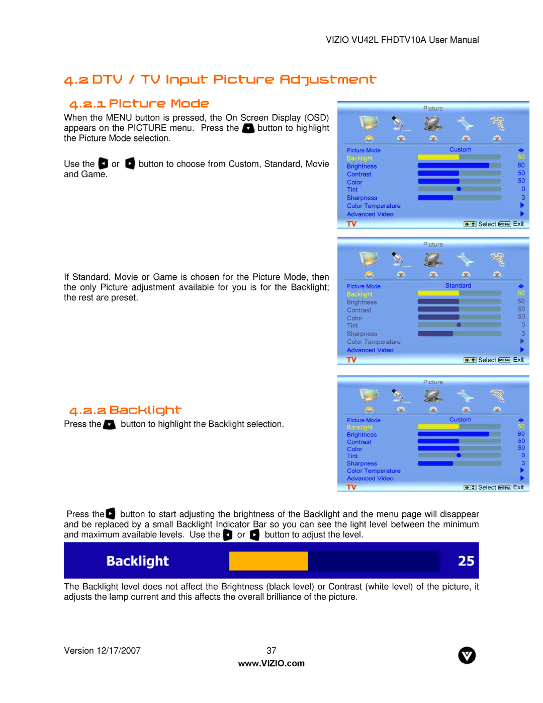 Vizio VU42L FHDTV10A manual DTV / TV Input Picture Adjustment, Picture Mode, Backlight 