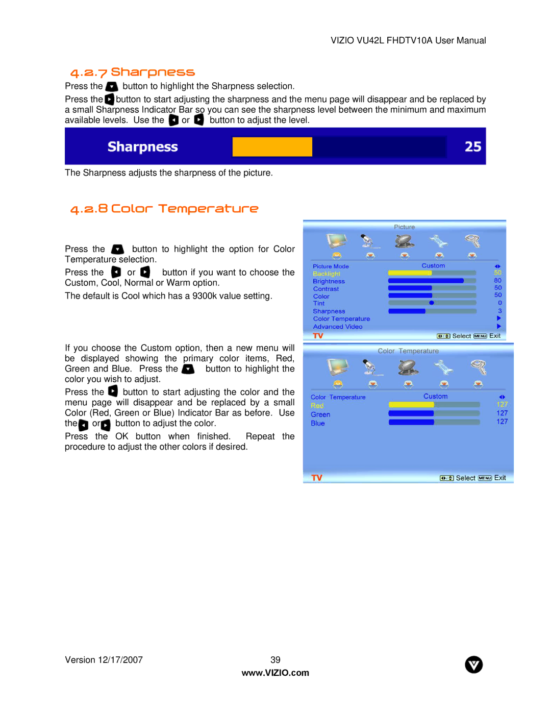 Vizio VU42L FHDTV10A manual Sharpness, Color Temperature 