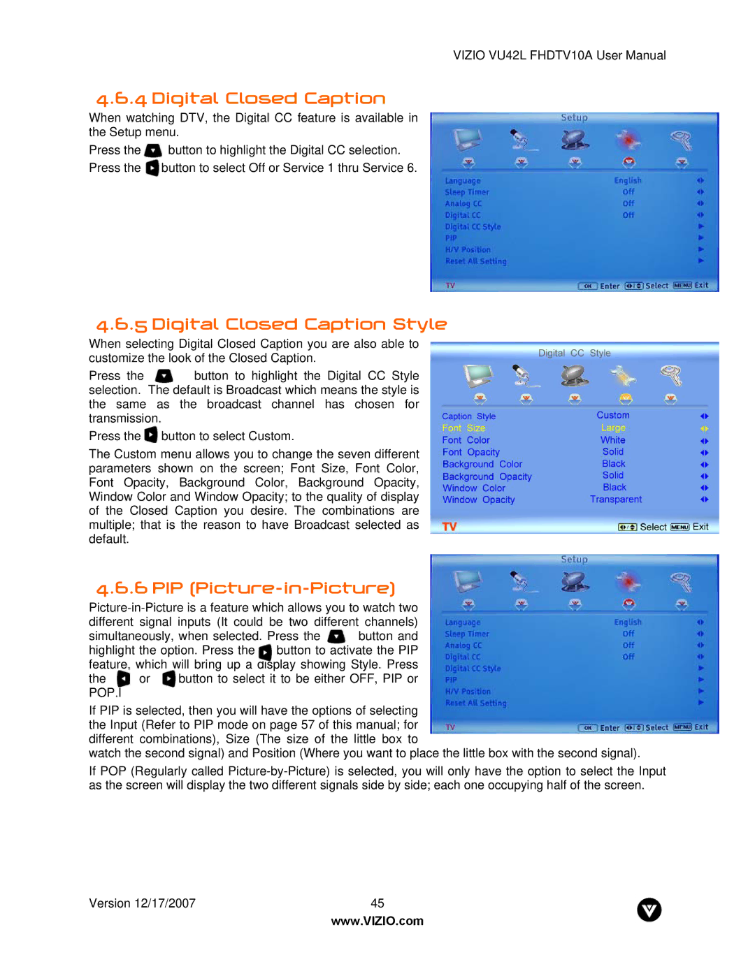 Vizio VU42L FHDTV10A manual Digital Closed Caption Style, PIP Picture-in-Picture 