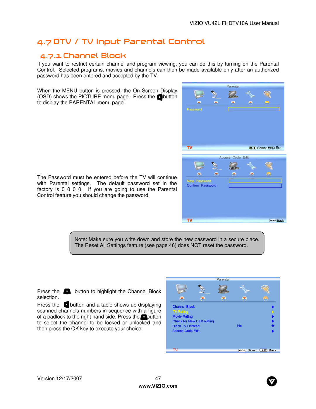 Vizio VU42L FHDTV10A manual DTV / TV Input Parental Control, Channel Block 