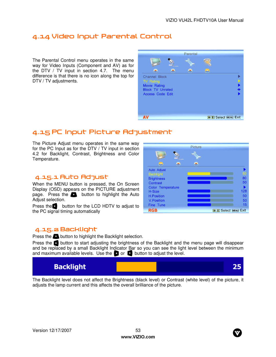 Vizio VU42L FHDTV10A manual Video Input Parental Control, PC Input Picture Adjustment, Auto Adjust 