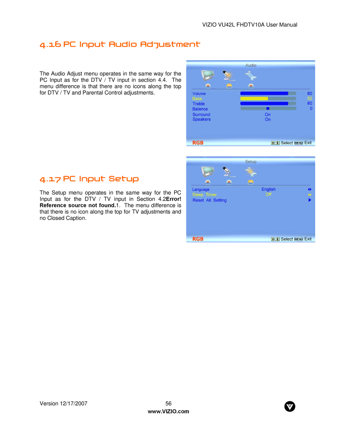Vizio VU42L FHDTV10A manual PC Input Audio Adjustment, PC Input Setup 