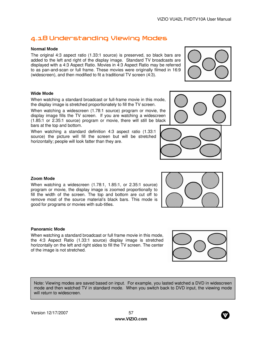 Vizio VU42L FHDTV10A manual Understanding Viewing Modes, Normal Mode, Wide Mode, Zoom Mode, Panoramic Mode 