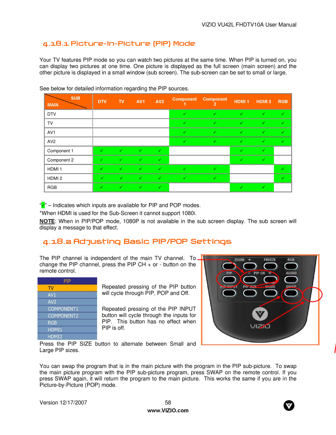 Vizio VU42L FHDTV10A manual Adjusting Basic PIP/POP Settings, Picture-In-Picture PIP Mode 