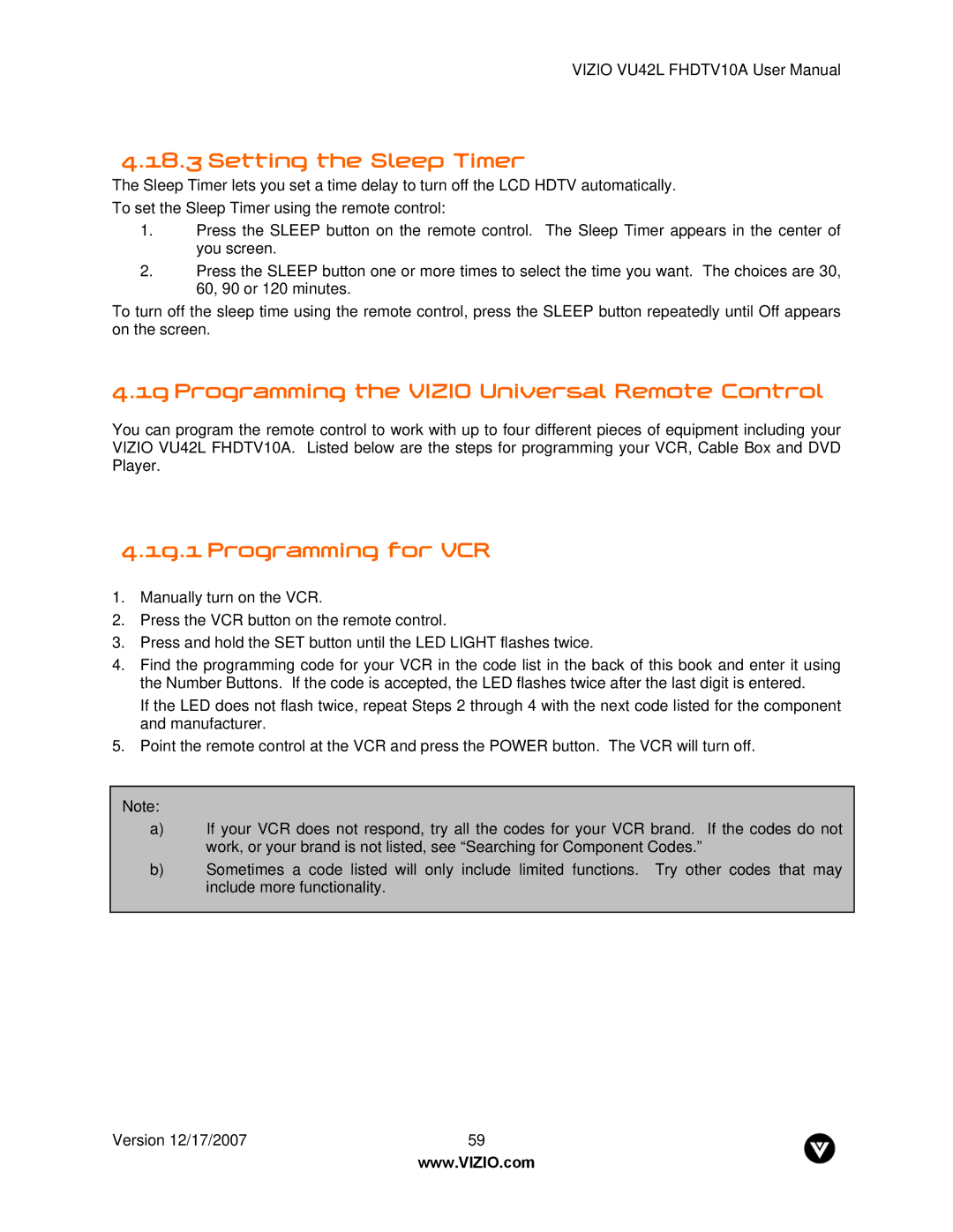 Vizio VU42L FHDTV10A manual Setting the Sleep Timer, Programming the Vizio Universal Remote Control, Programming for VCR 