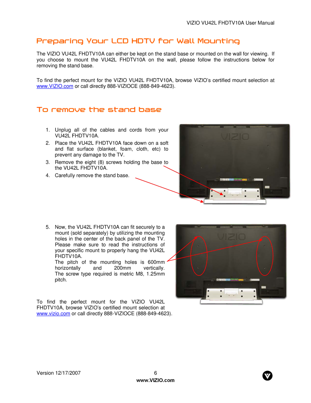 Vizio VU42L FHDTV10A manual Preparing Your LCD Hdtv for Wall Mounting, To remove the stand base 