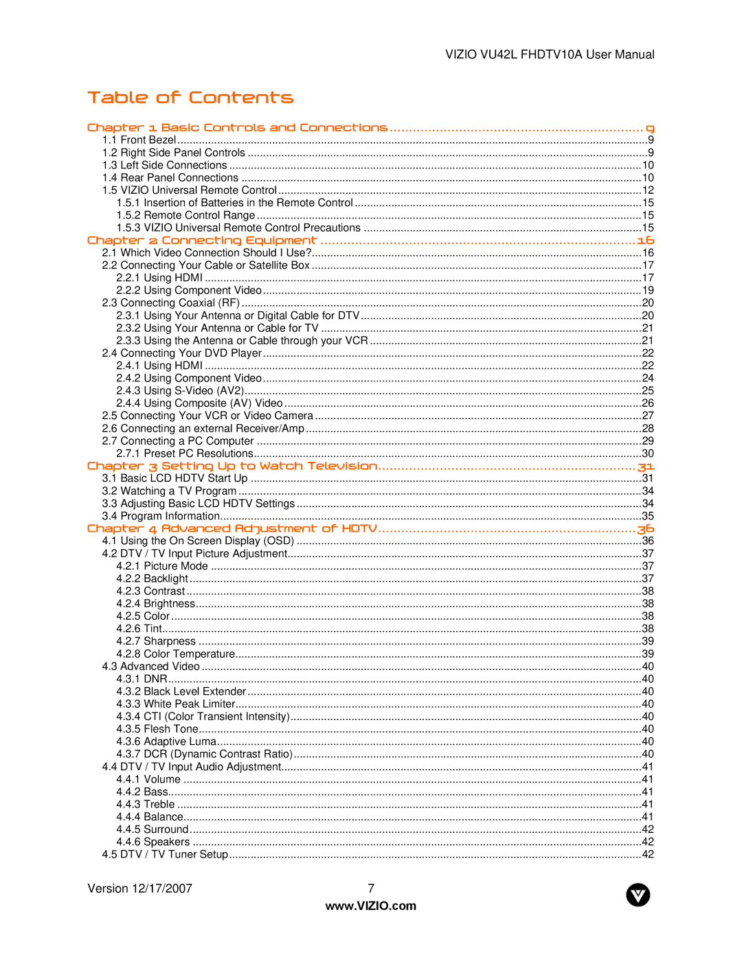 Vizio VU42L FHDTV10A manual Table of Contents 