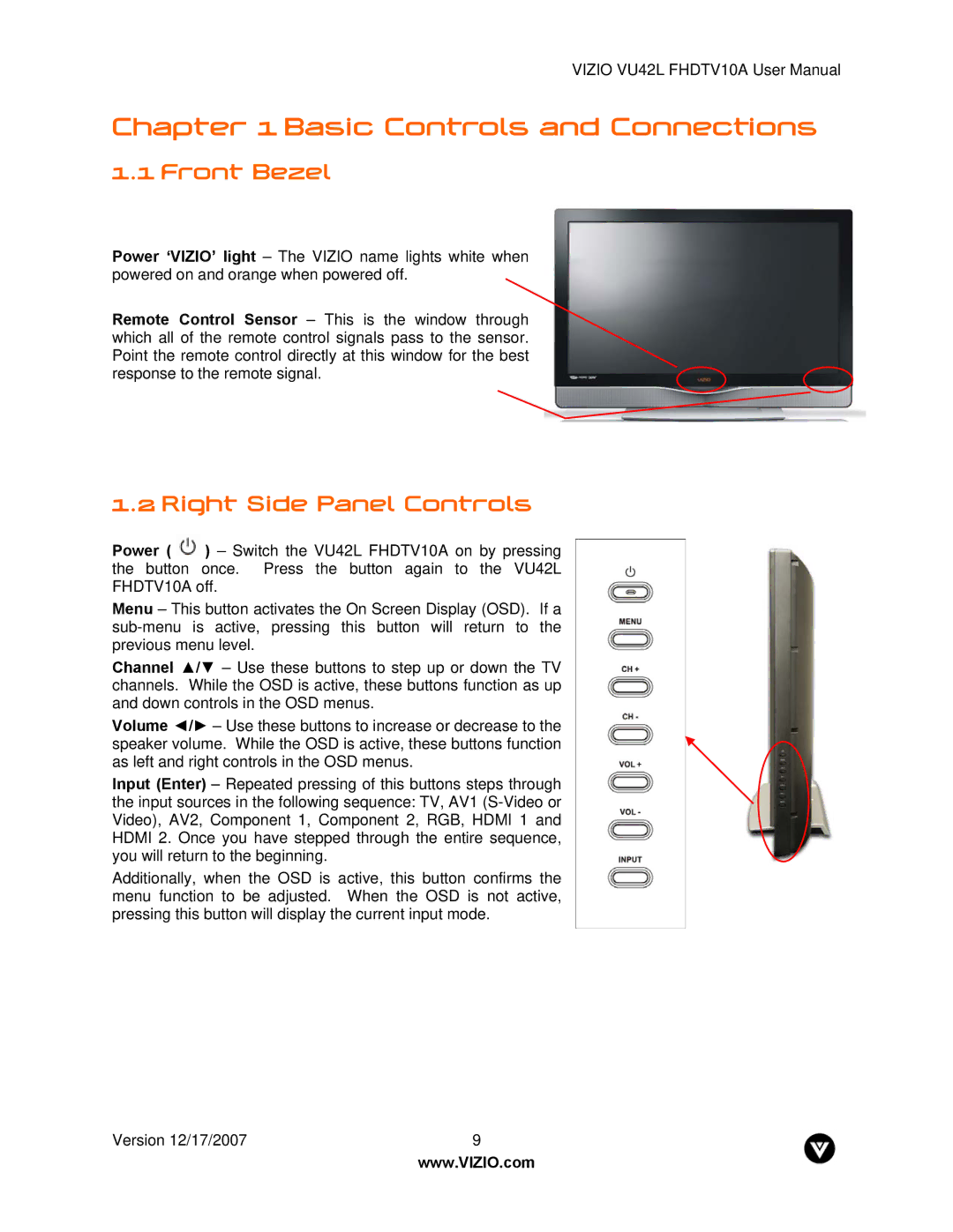 Vizio VU42L FHDTV10A manual Front Bezel, Right Side Panel Controls 