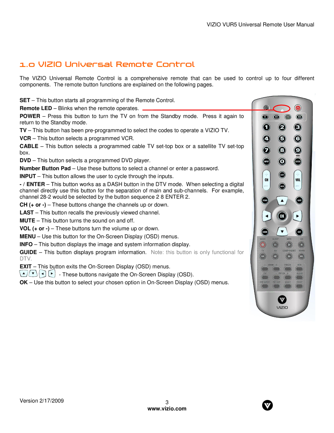 Vizio VUR5 manual Vizio Universal Remote Control 