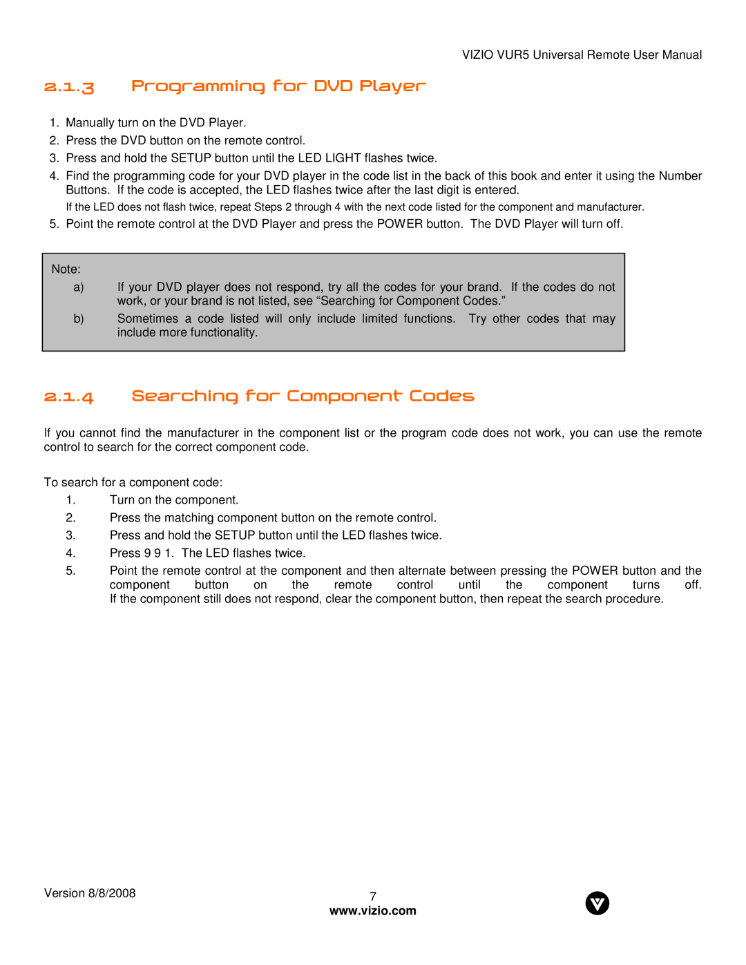 Vizio VUR5 manual Programming for DVD Player 