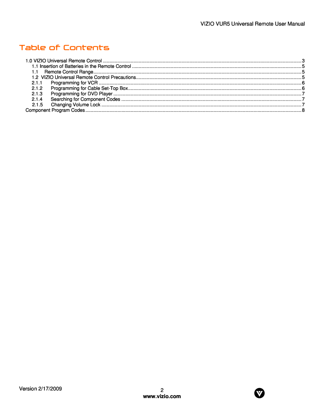 Vizio VUR5 manual Table of Contents, Version 2/17/2009 