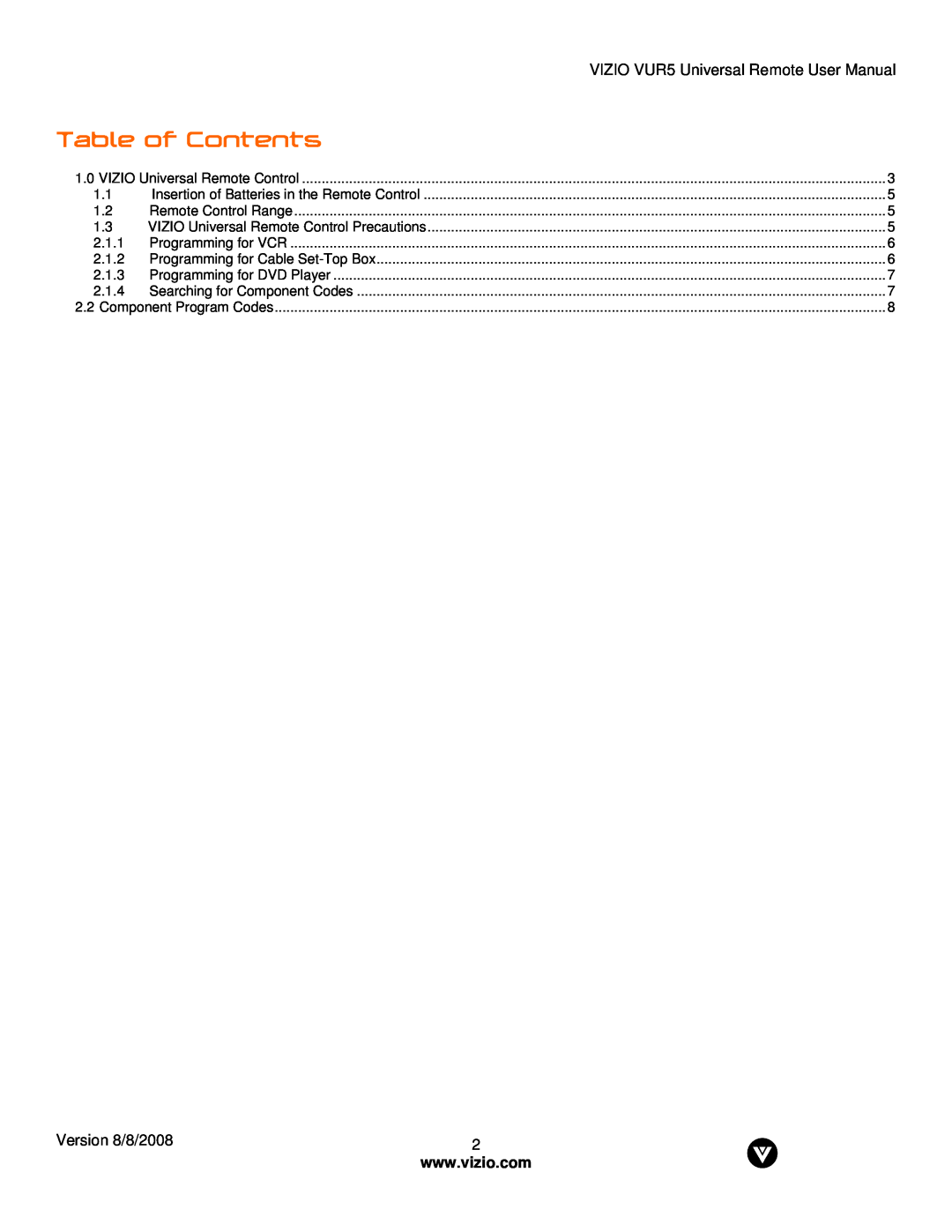 Vizio VUR5 manual Table of Contents, Version 8/8/2008 