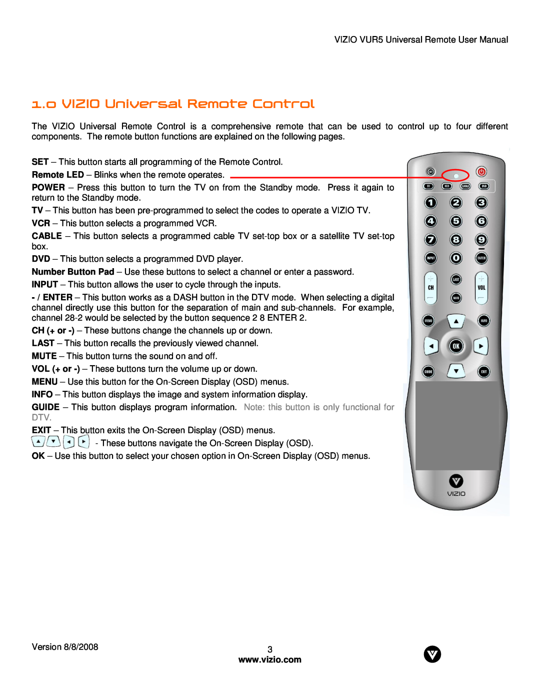 Vizio VUR5 manual VIZIO Universal Remote Control 