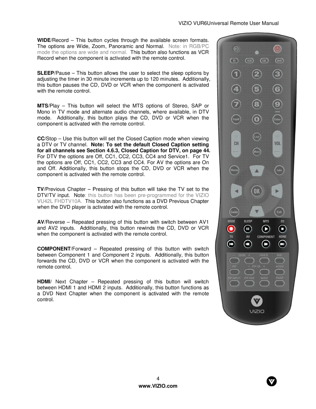 Vizio VUR6 manual 