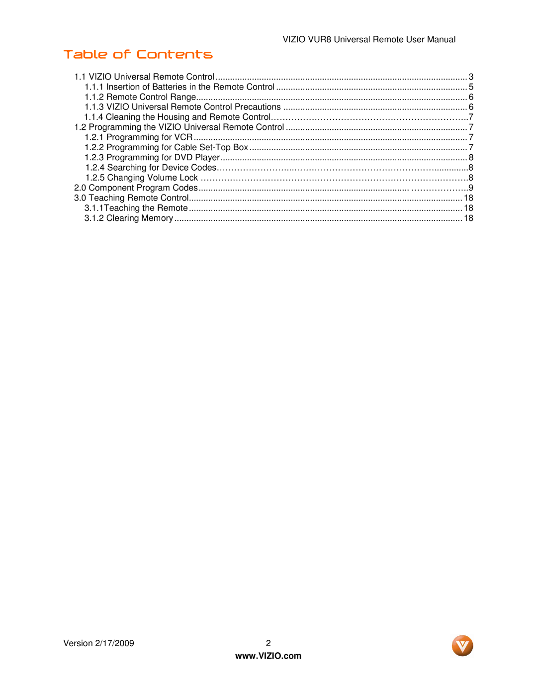 Vizio VUR8 manual Table of Contents 