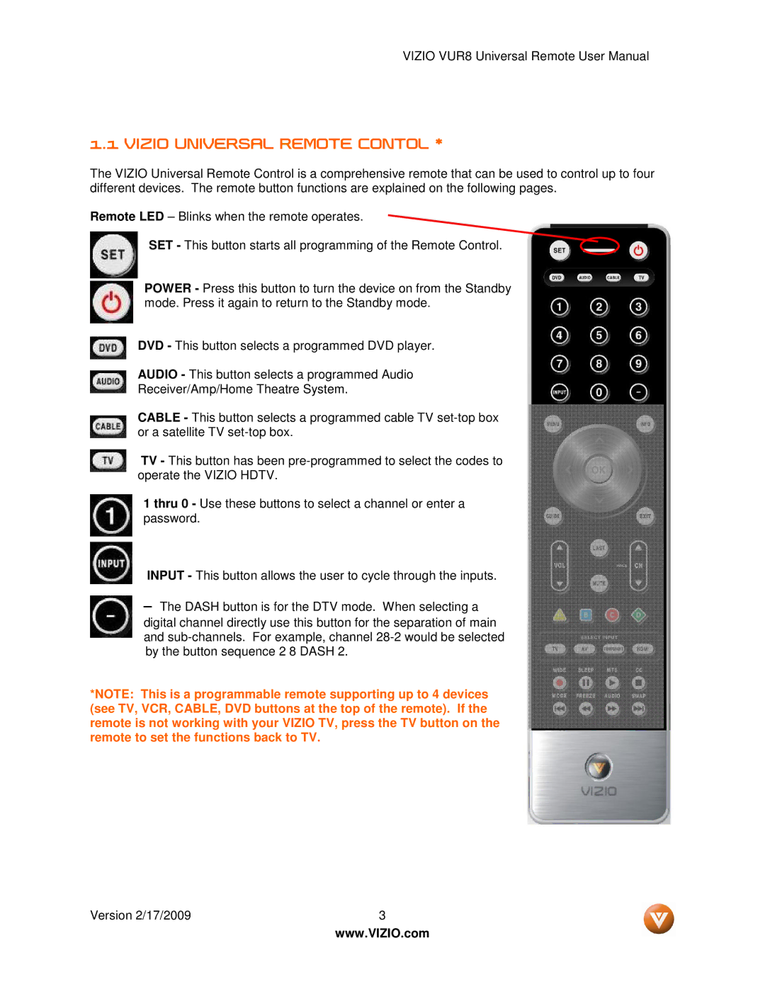 Vizio VUR8 manual Vizio Universal Remote Contol 