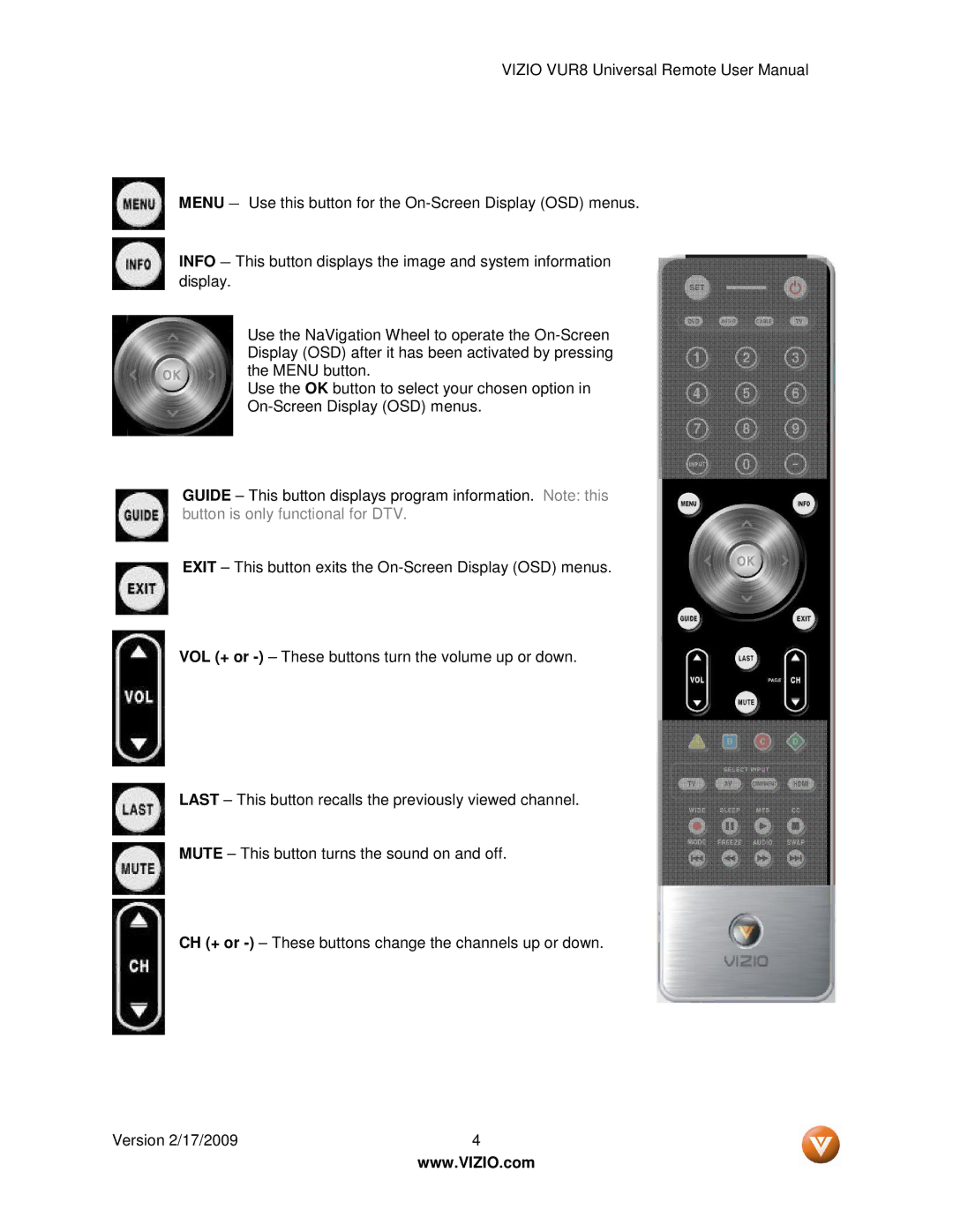 Vizio VUR8 manual 