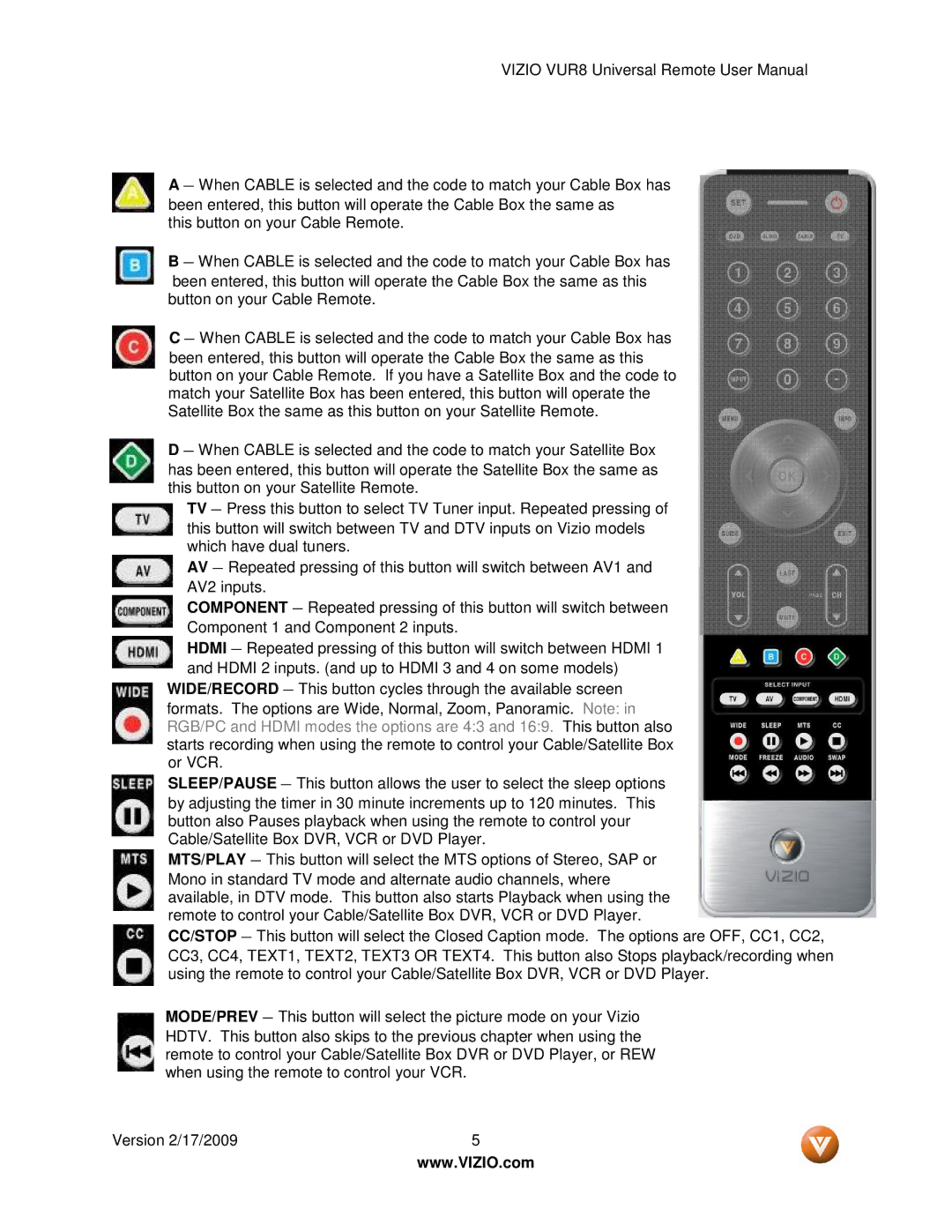 Vizio VUR8 manual 