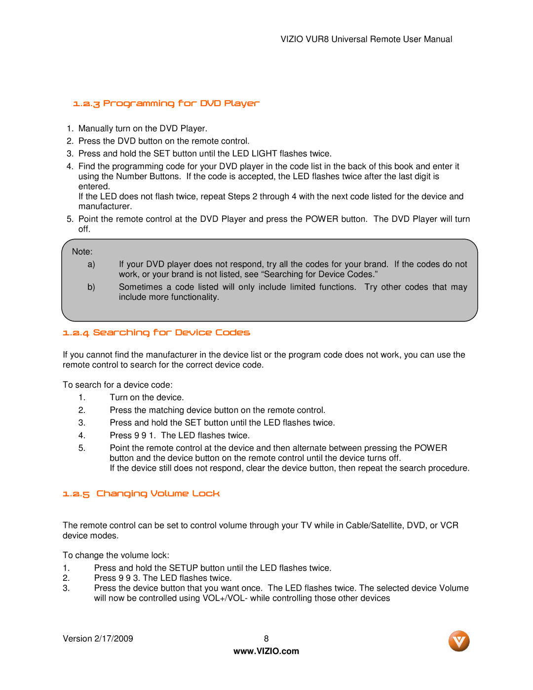 Vizio VUR8 manual Programming for DVD Player, Searching for Device Codes, Changing Volume Lock 