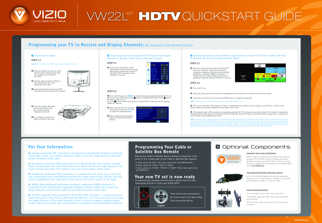 Vizio Programming Your Cable or Satellite Box Remote, VW22L10T HDTVQUICKSTART GUIDE, Optional Components, Step 