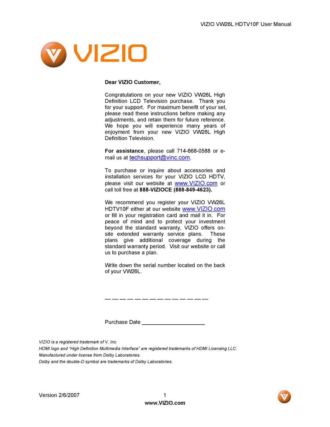 Vizio VW26L user manual Dear Vizio Customer 