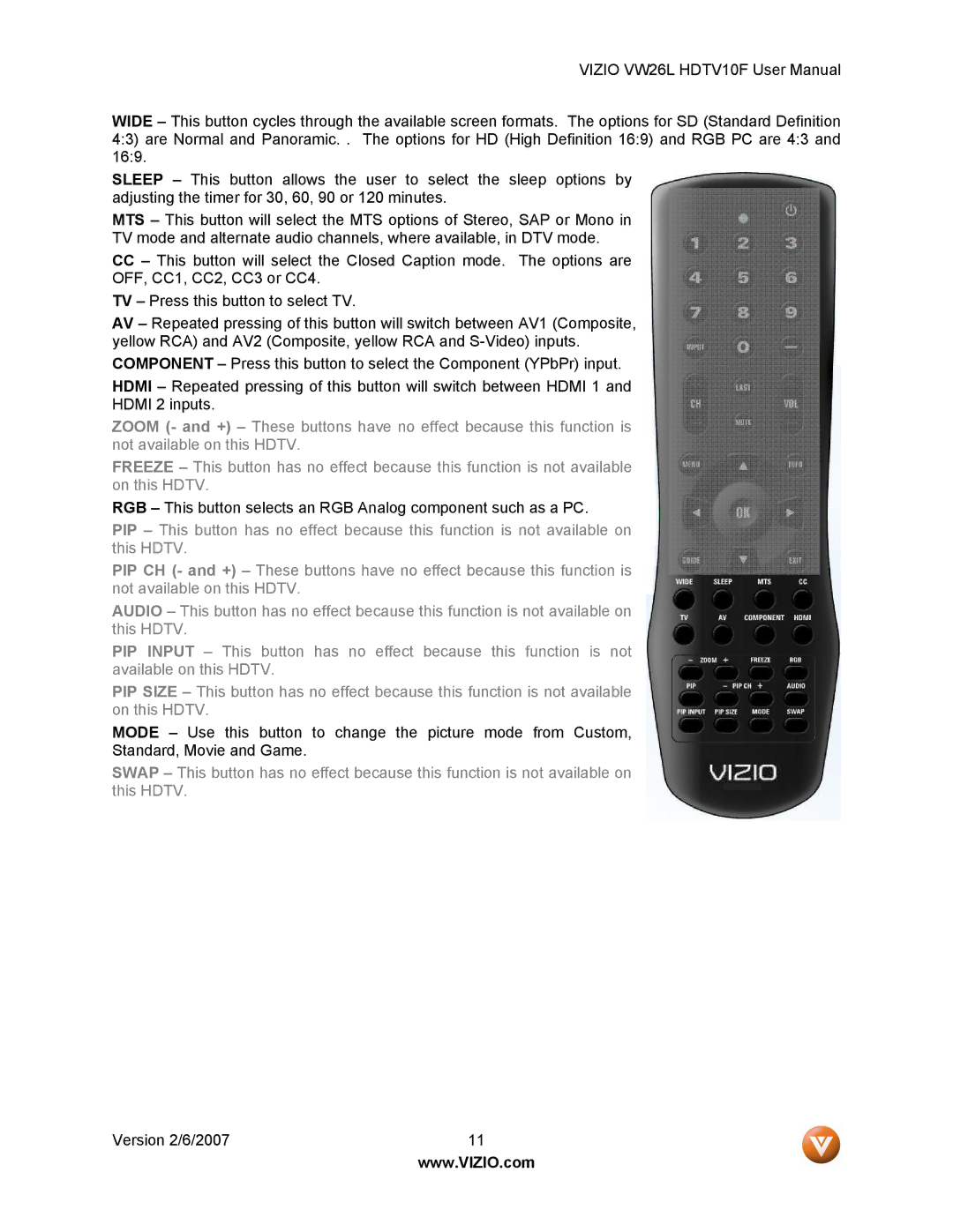 Vizio VW26L user manual RGB This button selects an RGB Analog component such as a PC 