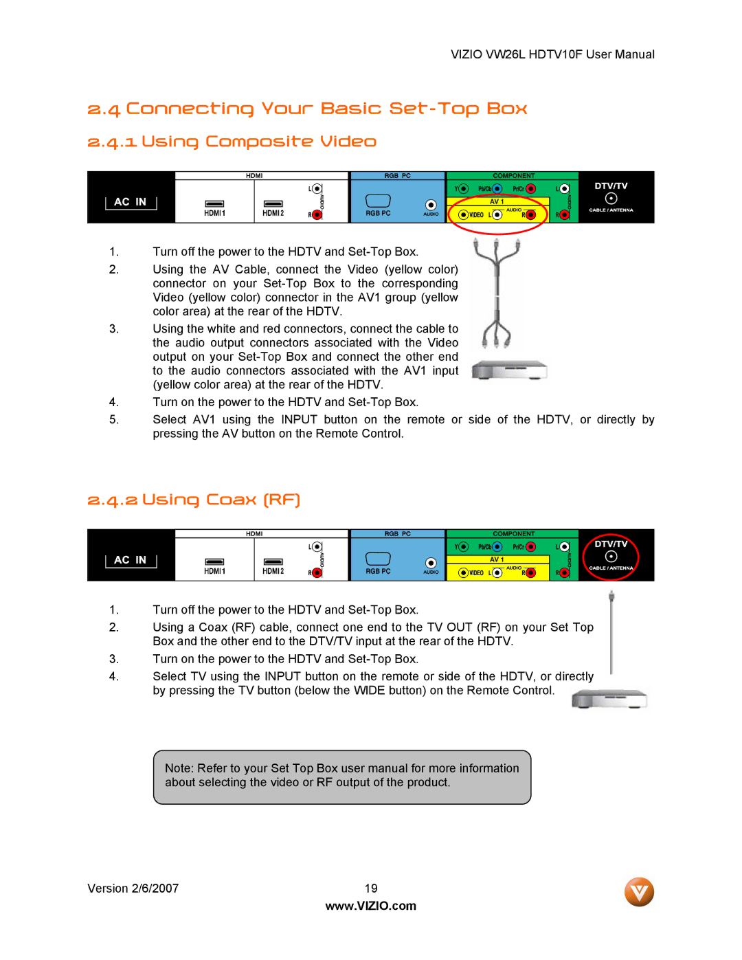 Vizio VW26L user manual Connecting Your Basic Set-Top Box, Using Composite Video, Using Coax RF 
